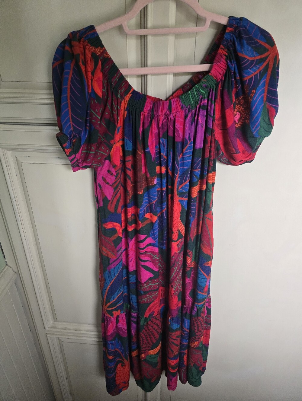 FARM RIO Off Shoulder Dress  Anthropology Tropical Leaf Tiered Size MED - Picture 3 of 8